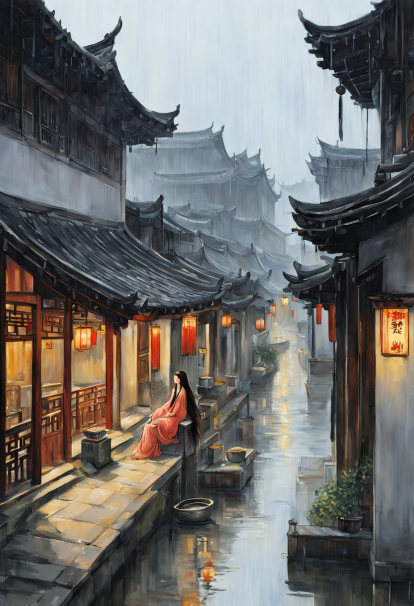painting of ancient china, jiangnan, old town, canal town, water town, Shuzhou, Xitang, summer, rain, 1 girl with long hair, long flowing robes, sitting on the porch