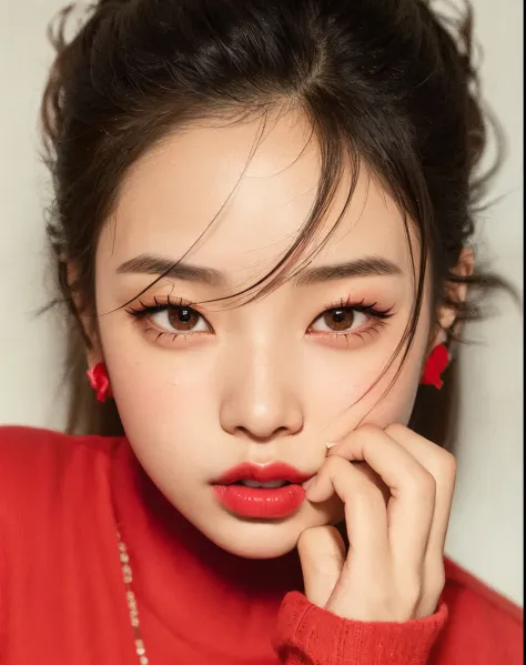 a closeup of a woman wearing a red sweater and red lipstick, Blackpink Jennie, red lipstick on face, Jinyoung Shin, labios rojos tenues, Lee Ji - Eun, Lee Ji-eun, young cute wan asian face, Retrato Jisoo Blackpink, maquillaje popular de Corea del Sur, labi...