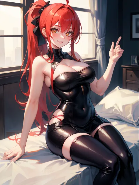((solo girl)), red hair, ((long hair)), ((ponytail hairstyle)), ahoge, yellow eyes, (large breasts), cleavage, two hands, two legs, skintight latex, lace, pupils sparkling, longeyelashes, super detail, best quality, highres, UHD, textured skin, ((indooredr...