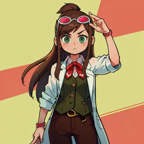 High quality, official art, Ema Skye, cute, tinted eyewear on head, open clothes, labcoat, sleeves rolled up, (green vest), red ...