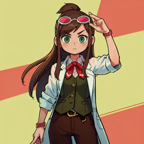 high quality, official art, ema skye, cute, tinted eyewear on head, open clothes, labcoat, sleeves rolled up, (green vest), red ...