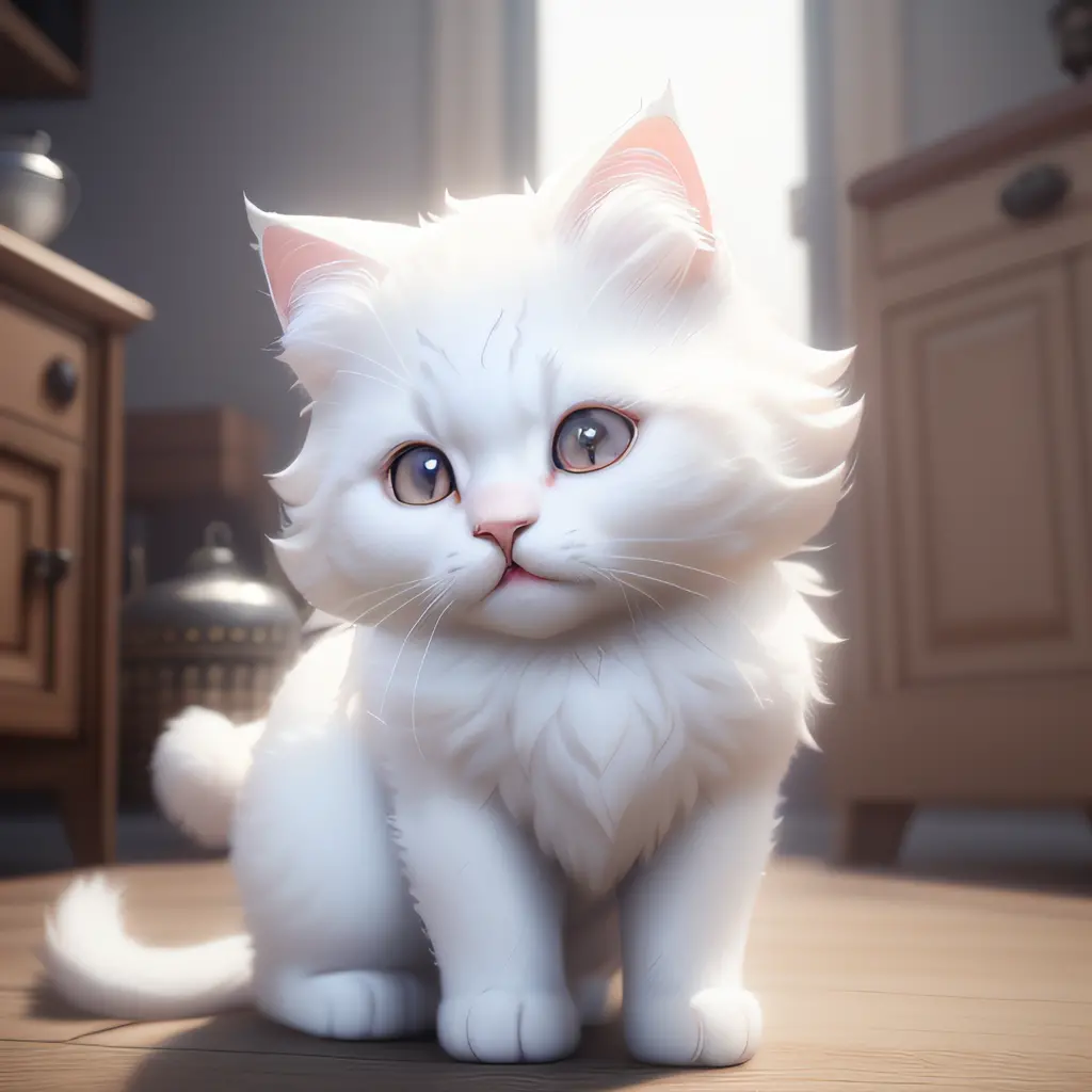 Super cute furry white cat , realisticlying, 4K, ultra - detailed, Vray rendering, unreal-engine, Midway Art Style