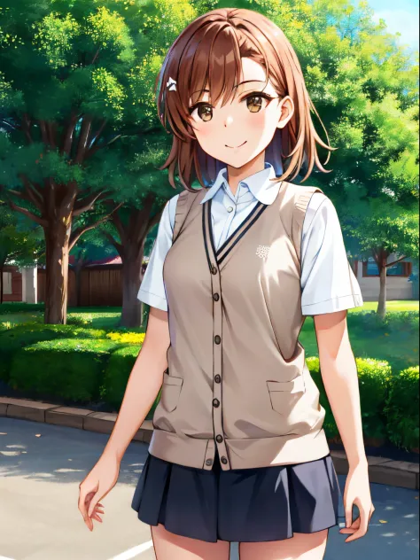 Misaka_mikoto, 1 persons, 独奏,​masterpiece、top-quality、a closed mouth、ighly detailed,Three-dimensional feeling、full-body view、a park、 super precision、[[In high-quality anime、Misaka has cute light brown hair and brown eyes.:1.15]],(cowboy  shot:1.4)、(校服:1.4)...