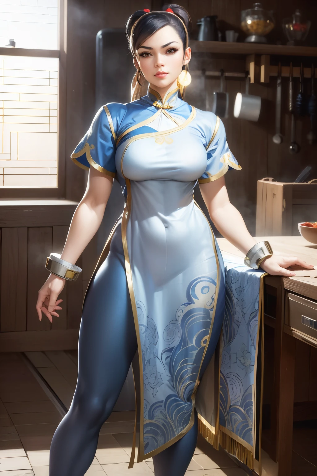 Woman in blue and gold dress posing in kitchen, Portrait of Chun Li, Portrait of Chun Li, chun li, Chun-li, chun - li, Inspired by Zhu Lian, full body xianxia, inspired by Leng Mei, Inspired by Li Tang, from overwatch, chun li at the gym, Inspired by Puhua