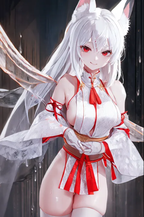 White hair、Fox ears、red eyes、top-quality、8K、​masterpiece:1.3))、foco nítido:1.2、Beautiful woman with perfect body:1.4、Slim abdomen:1.2、((Layered Haircut、Colossal tits:1.2))、(no-bra) (Small and beautiful hard nipple) (、Wet body:1.1、Highly detailed facial and...