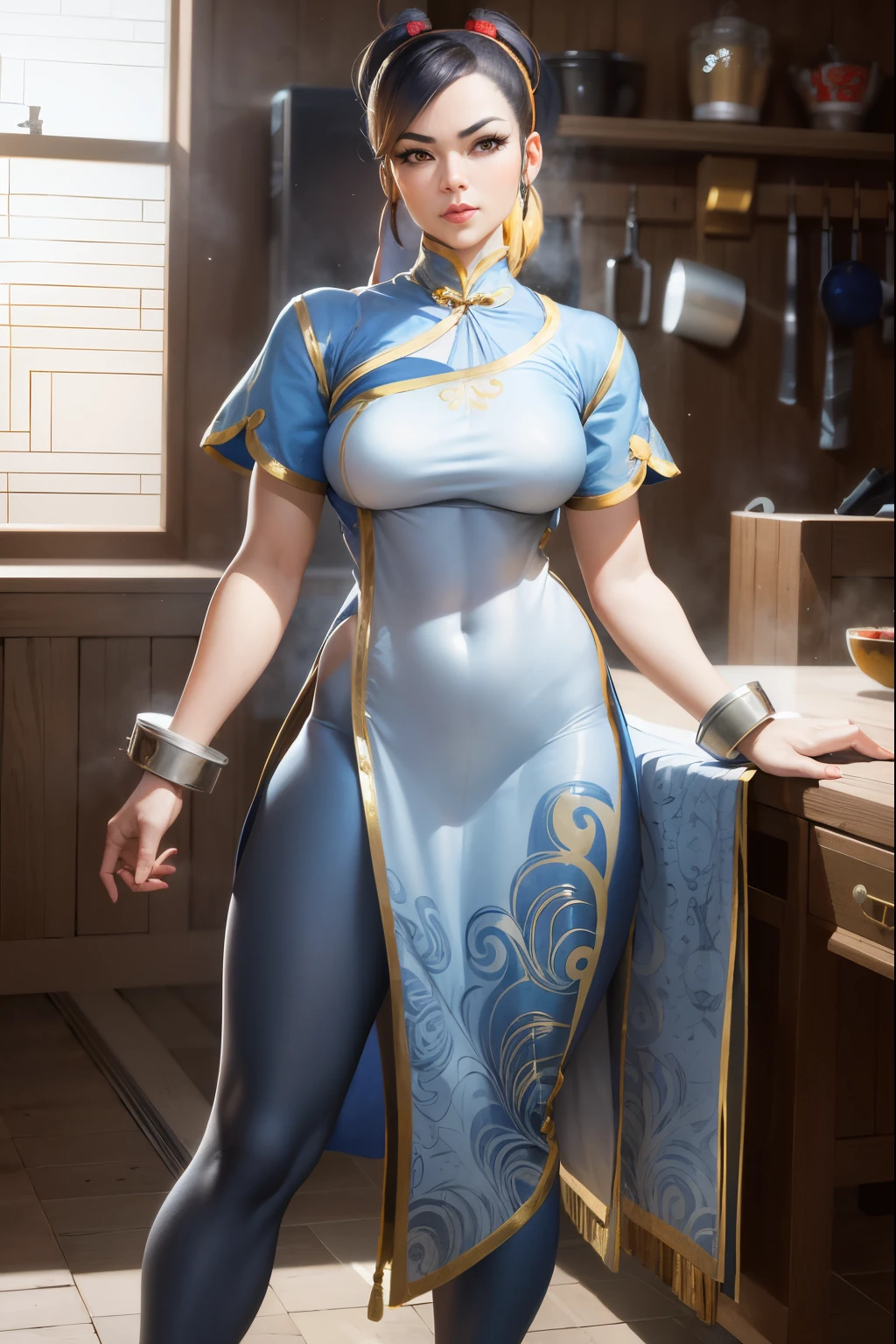 Woman in blue and gold dress posing in kitchen, Portrait of Chun Li, Portrait of Chun Li, chun li, Chun-li, chun - li, Inspired by Zhu Lian, full body xianxia, inspired by Leng Mei, Inspired by Li Tang, from overwatch, chun li at the gym, Inspired by PwC