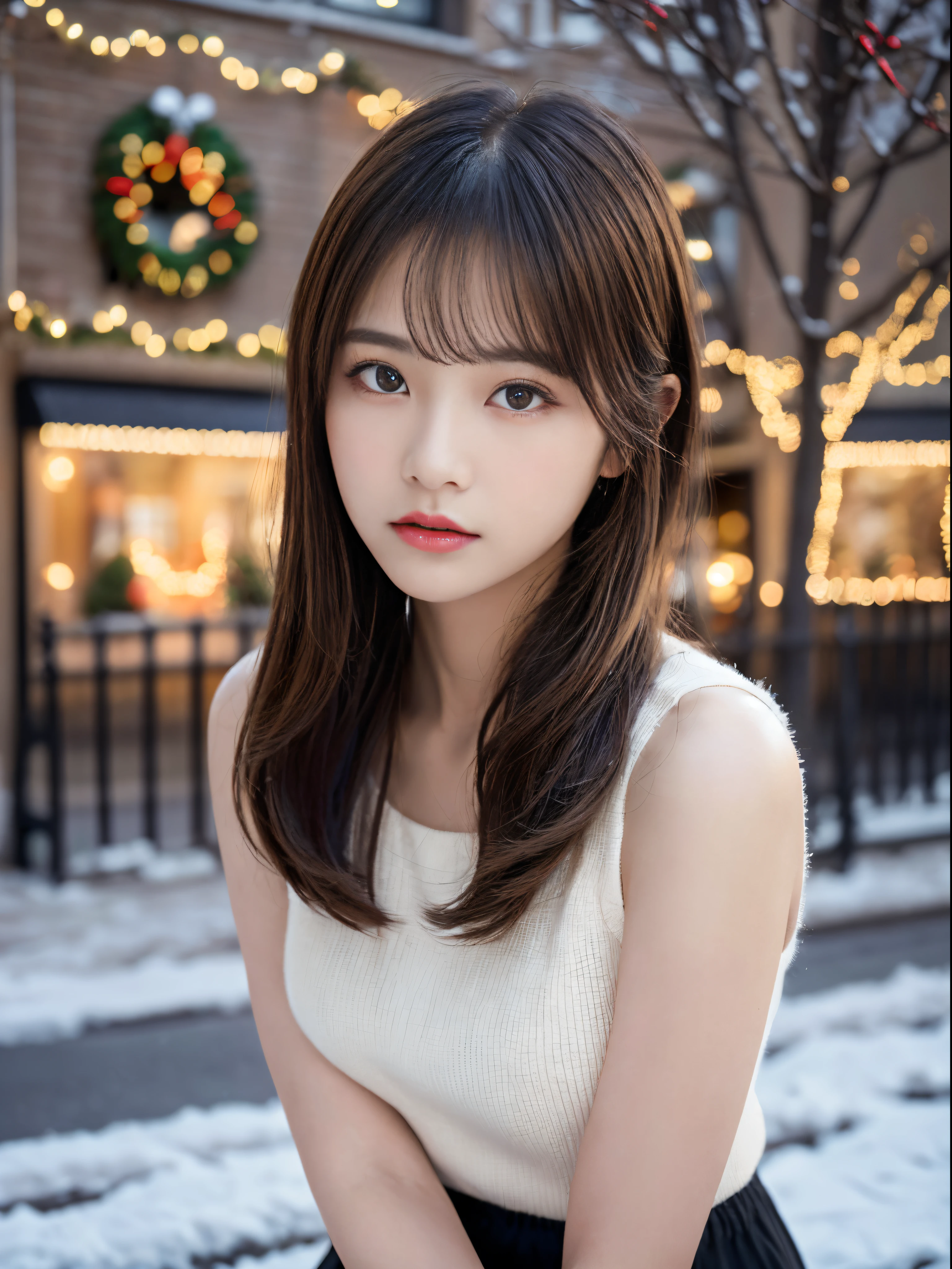 (​masterpiece:1.3), (8K, Photorealsitic, Raw photography, Winter street corner background with christmas decorations、Top image quality: 1.4), 23-year-old girl、Super Detail Face、Eye of Detail、二重まぶた、foco nítido:1.5、prety woman:1.4、light brown hair、poneyTail、Natural Color Lip、top-quality、​masterpiece、超A high resolution、(Photorealsitic:1.4)、very detailed and professional lighting、Women's fashion in winter、a miniskirt、slender、serious facial expression、Transparent skin、randome pose、Glowing hair、