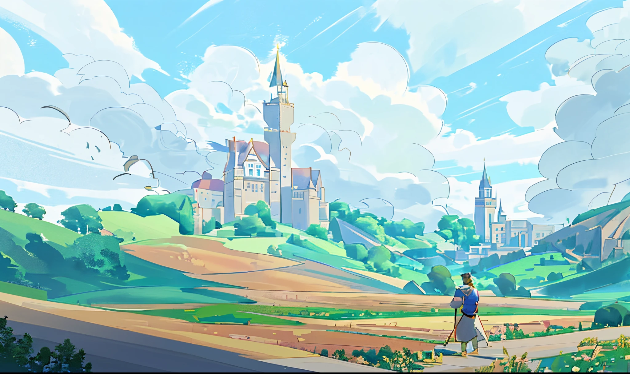 Picture of a man walking in the fields，The background  a castle, castle in distance, ( castle in background ), castle in background, castle in background, castle in distance, town in background, stylized lines, clean linework, arte de fundo, Castle in the distance, castle in background,  line art