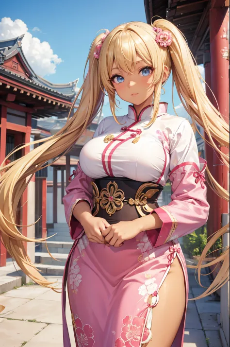 Female gyaru, twintails Blonde hair, Blue eyes, dark brown skin, large breasts, thick hips, wearing a pink qi pao, a temple in the background