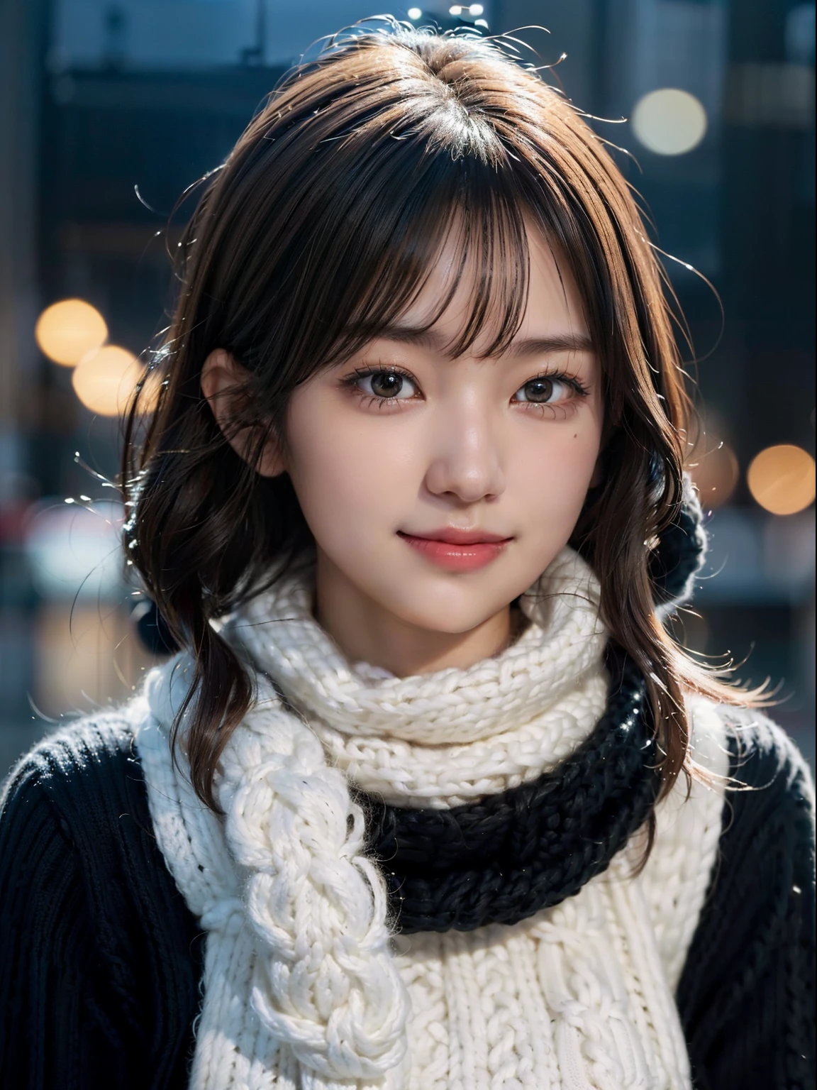 1 japanese idol,(Black sweater:1.4),(She wears a knitted snood around her neck to hide her chin.......:1.5), (Raw photo, Best Quality), (Realistic, Photorealsitic:1.4), Shorthair, masutepiece, extremely delicate and beautiful, Extremely detailed, 8k wallpaper, amazing, finely detail, extremely detailed CG Unity, hight resolution, Soft light, beautiful detail, age19, extremely detailed eye and face, beautiful detailed nose, Beautiful detailed eyes,Cinematic lighting,city light at night,Perfect Anatomy,Slender body,Smiling  (hair messy, asymmetrical bangs, light brown hair,)