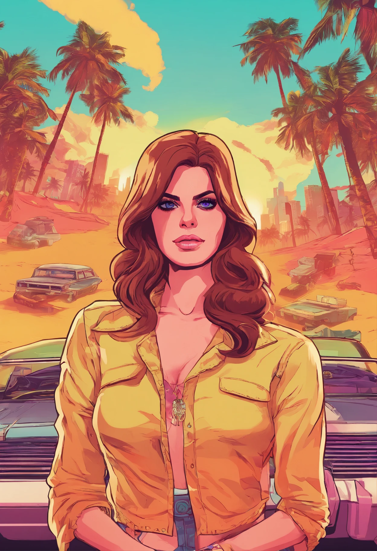 Lana Del Rey, GTA Vice City, Arte de portada de GTA 5, estilo fronterizo, Sombras transparentes, Ojos simétricos muy detallados.