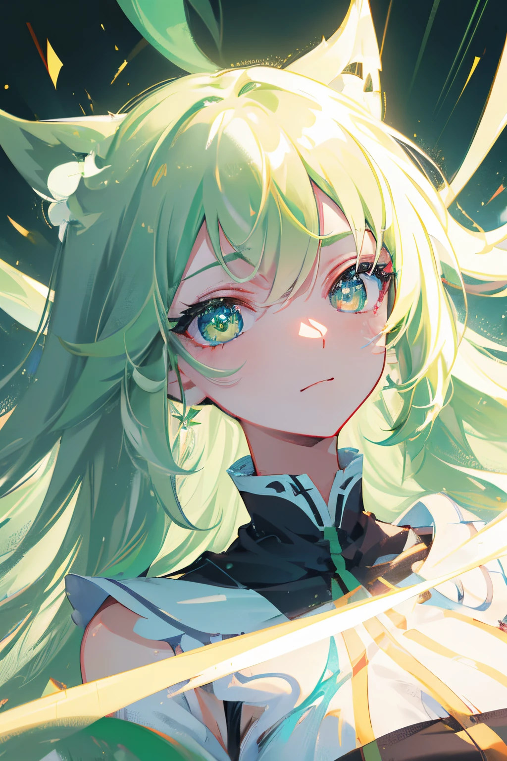 (Dynamic angle, Dynamic face, neat, perfect(Best quality, 16K, hyper detailed)) solo, 1girl, close-up, majestic colorful blurred background, beautiful ash eye, long green white hair