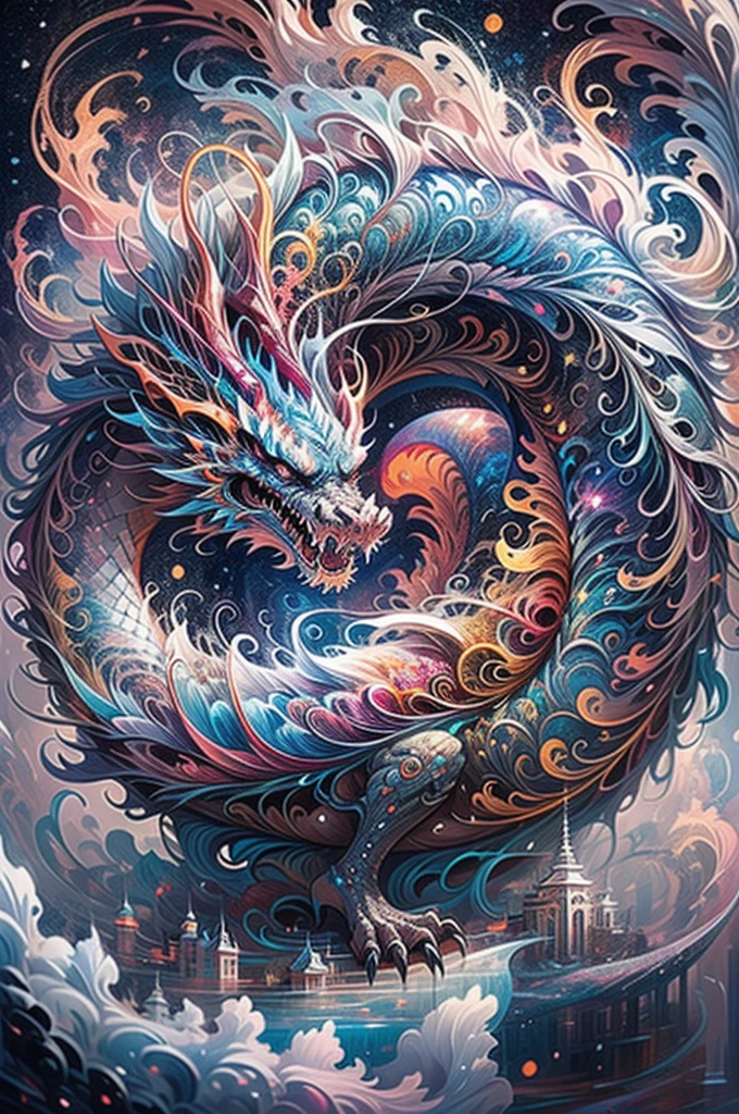 （Chinese Drachen stands in front of white snow whirlpool: 1.5），((reines weißes Sternenlicht， Schneeflocken herum，， erwartet， Tiefenschärfe， Einblick， Ich habe es， Monte， Die üppige Milchstraße, durchscheinende Wolke， Spektrum， im Panorama-Ausblick， Interstellar cycles， verrückt， Portal， größer， weißes Licht， globale Schneeflocke，Der Himmel voller schöner Schneeflocken))，Vibrant weißes Licht color，dicke Linie，Tobendes Meer，Vielschichtig，Vordergrund、Fernsicht、fraktaler Donner Dan Mumford，Danford und Alex Gray Stil，psychedelische surreale Kunst，Surreales psychedelisches Design，Traumkunststil， trippige Kunst，unendliche psychedelische Wellen，Inspiriert von Cyril Rolando (Cyril Rolando)，Echte Wellenstruktur，psychedelischer Kunststil，trippige Kunst，psychedelische Illustrationen，(allein)，Strahlen des schwarzen Lichts, Drachen