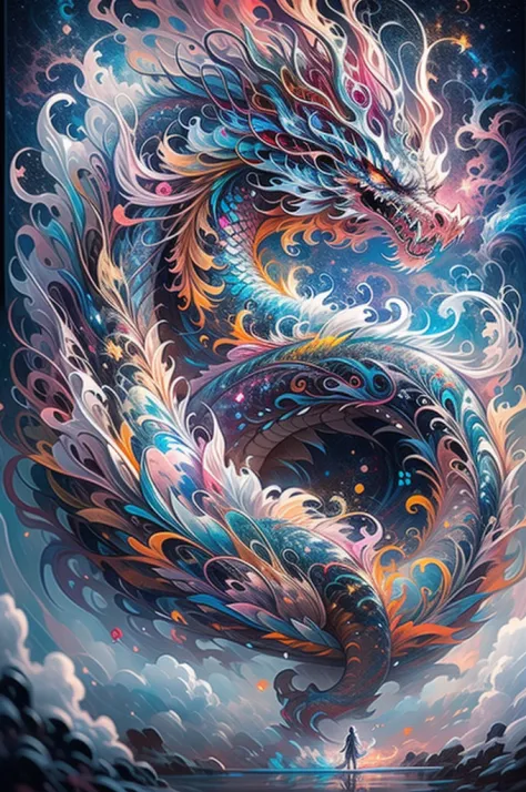 （Chinese dragon stands in front of white snow whirlpool: 1.5），((pure white starlight， Snowflakes around，， expecting， depth of fi...