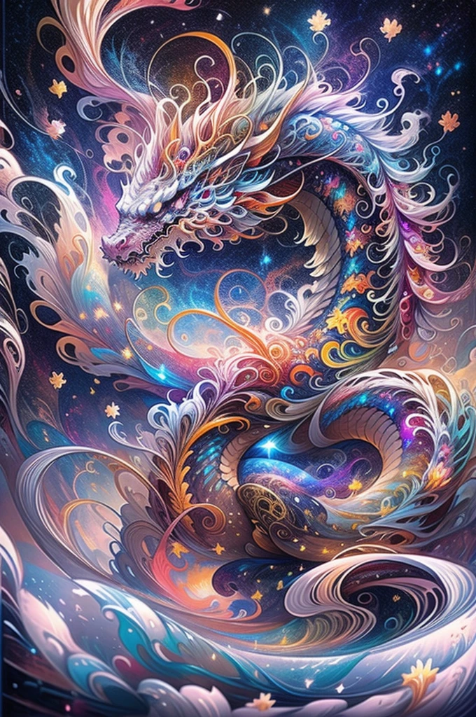 （Chinese Drachen stands in front of white snow whirlpool: 1.5），((reines weißes Sternenlicht， Schneeflocken herum，， erwartet， Tiefenschärfe， Einblick， Ich habe es， Monte， Die üppige Milchstraße, durchscheinende Wolke， Spektrum， im Panorama-Ausblick， Interstellar cycles， verrückt， Portal， größer， weißes Licht， globale Schneeflocke，Der Himmel voller schöner Schneeflocken))，Vibrant weißes Licht color，dicke Linie，Tobendes Meer，Vielschichtig，Vordergrund、Fernsicht、fraktaler Donner Dan Mumford，Danford und Alex Gray Stil，psychedelische surreale Kunst，Surreales psychedelisches Design，Traumkunststil， trippige Kunst，unendliche psychedelische Wellen，Inspiriert von Cyril Rolando (Cyril Rolando)，Echte Wellenstruktur，psychedelischer Kunststil，trippige Kunst，psychedelische Illustrationen，(allein)，Strahlen des schwarzen Lichts, Drachen