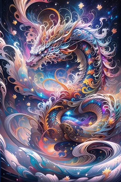 （Chinese dragon stands in front of white snow whirlpool: 1.5），((pure white starlight， Snowflakes around，， expecting， depth of fi...