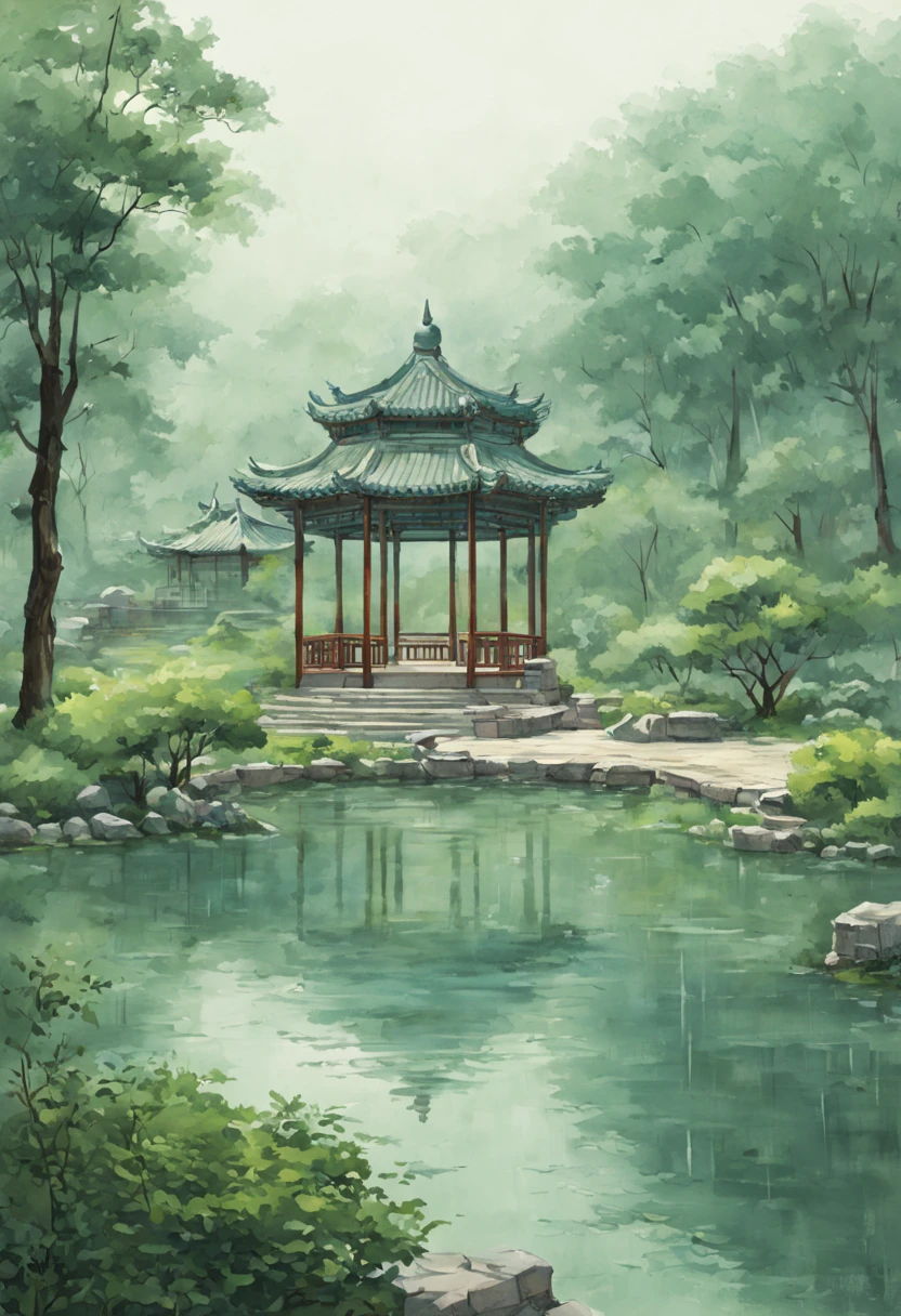 ancient china, peaceful, garden, summer, small ancient chinese gazebo looming in the distance, light rain, lake, no human, mint-color background