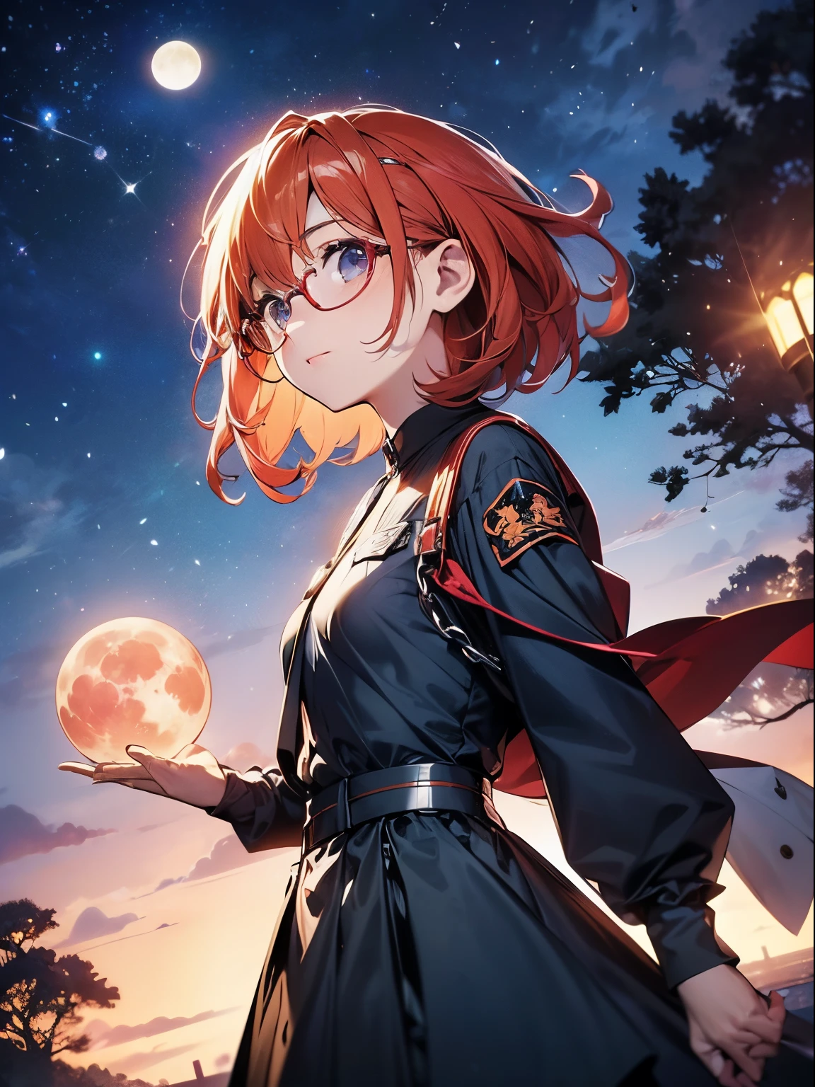 Reddish-purple eyes、 Short hairstyle、Straight short、Orange hair、Kawaii Girl、Wearing glasses、imaginative fantasy landscape, a storybook illustration, inky,having a good time,butterflys, flowers around,(fullmoon), iconic symbol,top-quality、facefocus、Soft light、detail,