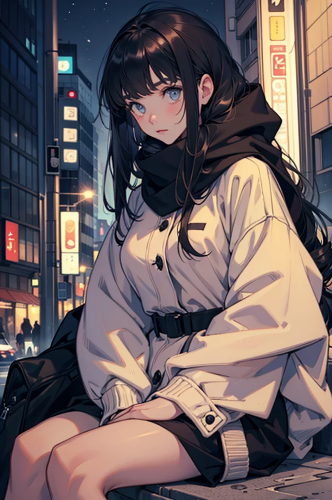 Beautiful young girl in oversized winter clothes and hair sitting in the city at night,