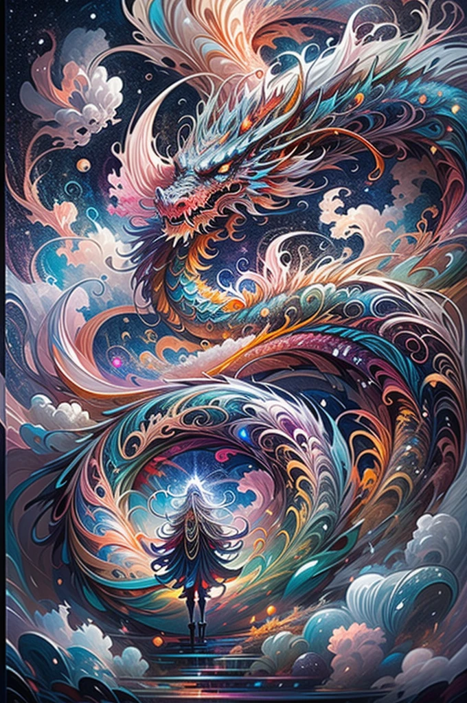 （Chinese dragon stands in front of white snow whirlpool: 1.5），((pure white starlight，Snowflakes around，expecting，depth of fields，insight，I got it，Monte，The Milky Way  lush,，translucent cloud，spectrum，in a panoramic view，Interstellar cycles，Crazy，portal，bigger，white light，global snowflake，The sky  full of beautiful snowflakes))，Vibrant white light color，thickline，Raging sea，Multi-layered，foreground、Faraway view、fractal thunder dan mumford，danford and alex gray style，psychedelic surreal art，surreal psychedelic design，dream art style， trippy art，Infinite psychedelic waves，inspired by Cyril Rolando (Cyril Rolando)，Real corrugated structure，Psychedelic art style，trippy art，psychedelic illustrations，(Alone)，rays of black light, dragon