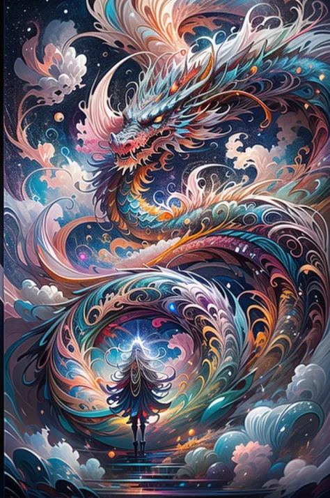 （Chinese dragon stands in front of white snow whirlpool: 1.5），((pure white starlight，Snowflakes around，expecting，depth of fields...