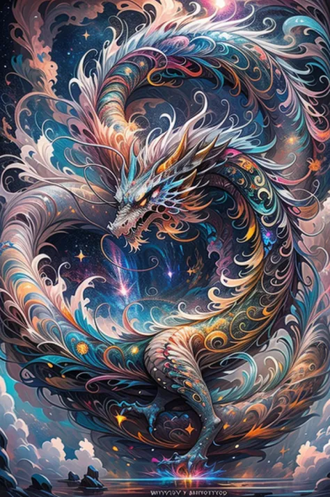（Chinese dragon stands in front of white snow whirlpool: 1.5），((pure white starlight，Snowflakes around，expecting，depth of fields...