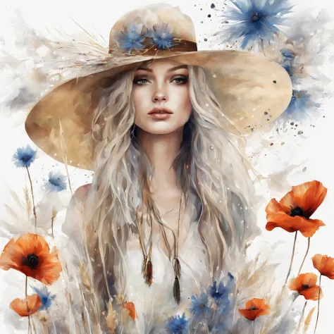 Beautiful hippie girl in hat, boho chic, poppies, cornflowers, pampas grass, abstract, fantasy, beautiful, bohemian, realistic, ...
