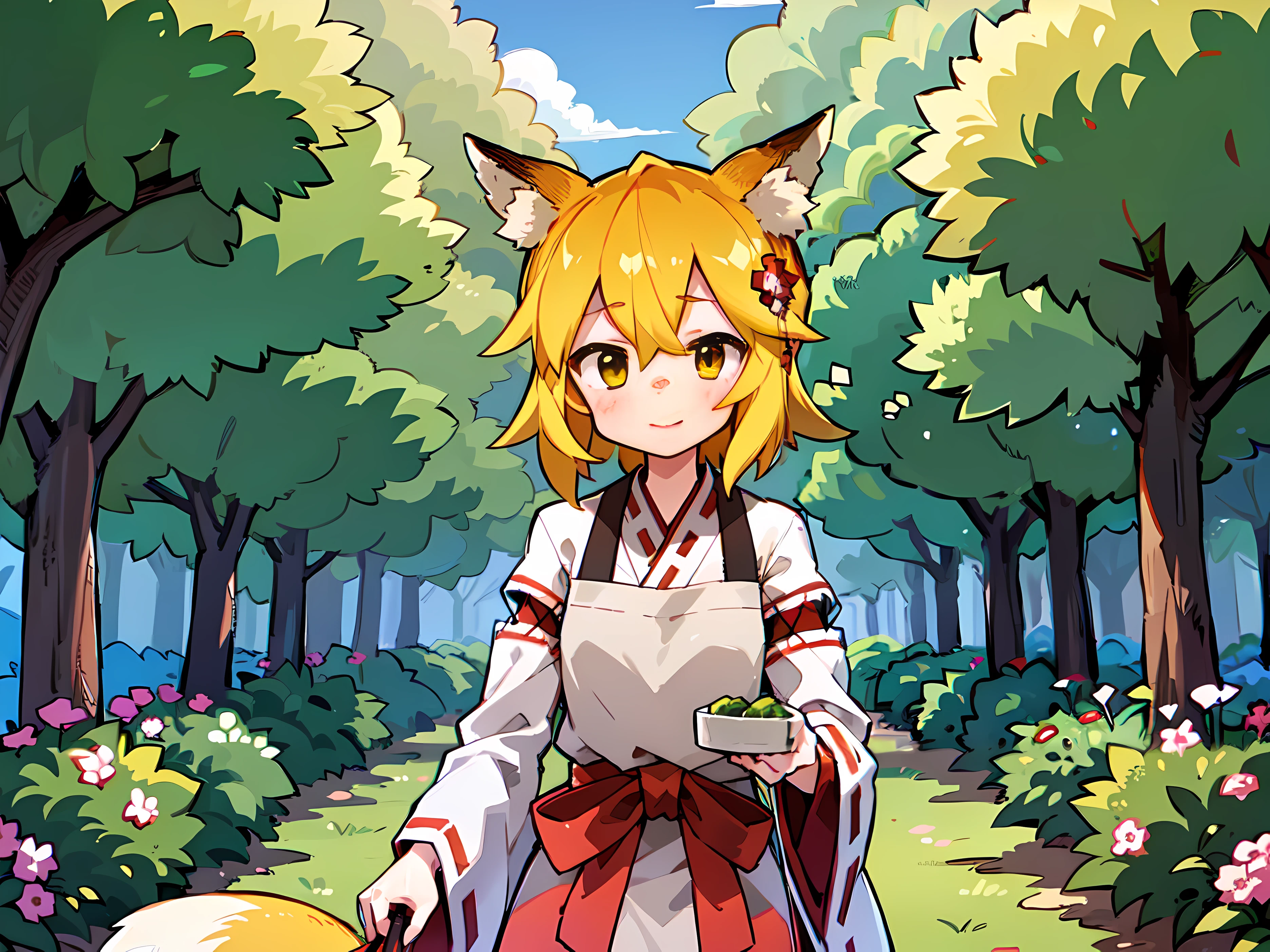 A  girl, Fox ears, 4K Image, flowers of different colors, field, Beautiful trees, Maximum details, Pink, Sakura, village, village
