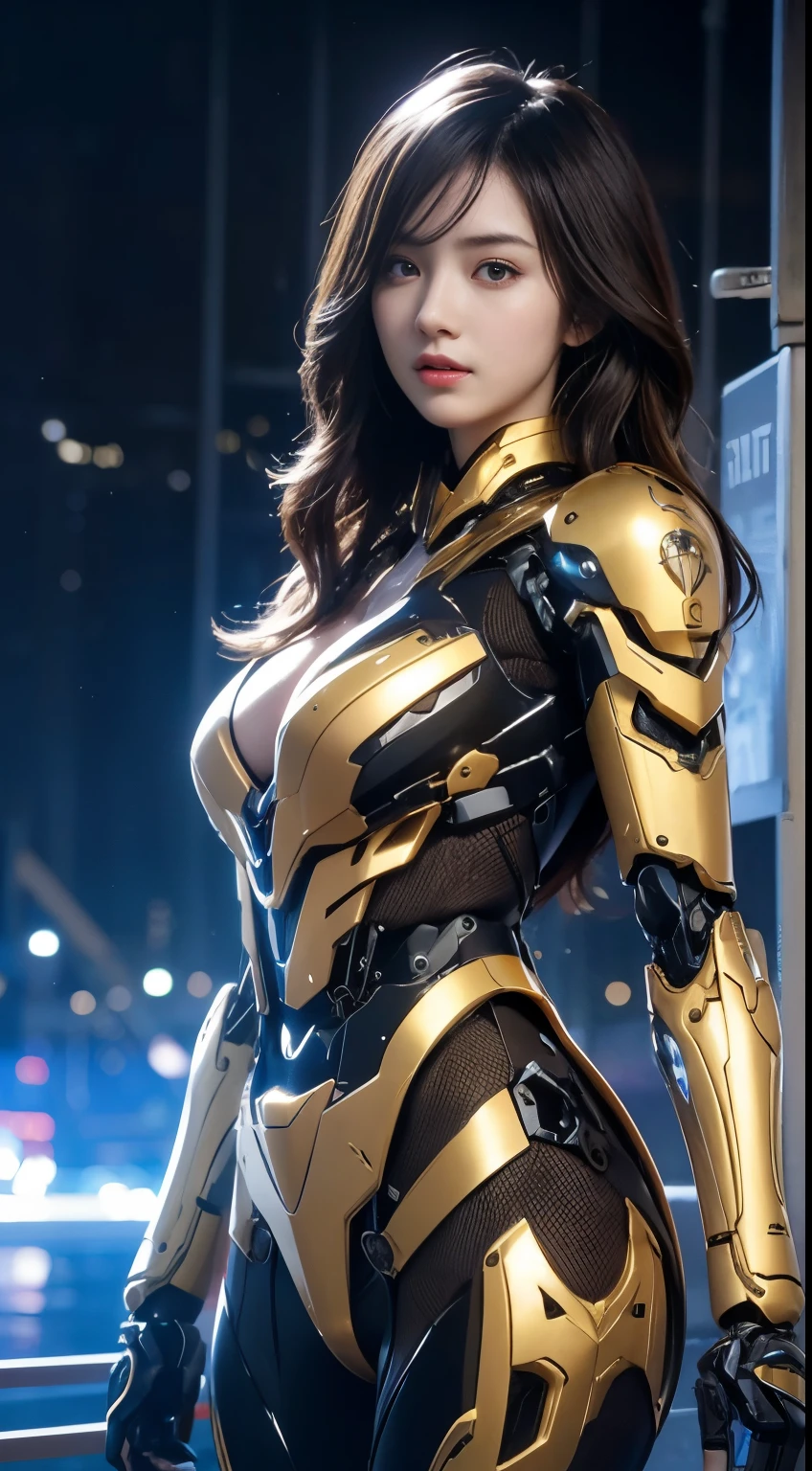 (1 Mechanical Girl)、top-quality、​masterpiece、超A high resolution、(Photorealsitic:1.4)、Raw photo、女の子1人、Shooting that shows the whole body、Fighting pose with a glowing sword、Golden hair、glowy skin、(((1 Mechanical Girl)))、（LED Lamp Mechanical Helmet）、(Small LED)、((super realistic details))、portlate、globalillumination、Shadow、octan render、8K、ultrasharp、Colossal tits、Raw skin exposed in the cleavage、metals、Details of complex ornaments、Japan details、highly intricate detail、Realistic light、CGSoation Trends、Red Eyes、Eyes shining towards the camera、Mechanical marginal blood vessels connected to neon details tubes Mechanical vertebrae attached to back、mechanical cervical attaching to neck、(Wires and cables connecting to the head)、Gundam、Small LED、,Mechanical thighs、Toostock、Textured skin, Super Detail, high details, High quality, Best Quality, hight resolution, 1080p, hard disk, Beautiful,(War Machine),beautiful cyborg woman,Mecha Cyborg Girl,Battle Mode,Girl with a Mecha Body,She wears a futuristic war machine weapon mech,Fulll body Shot,cowboy  shot