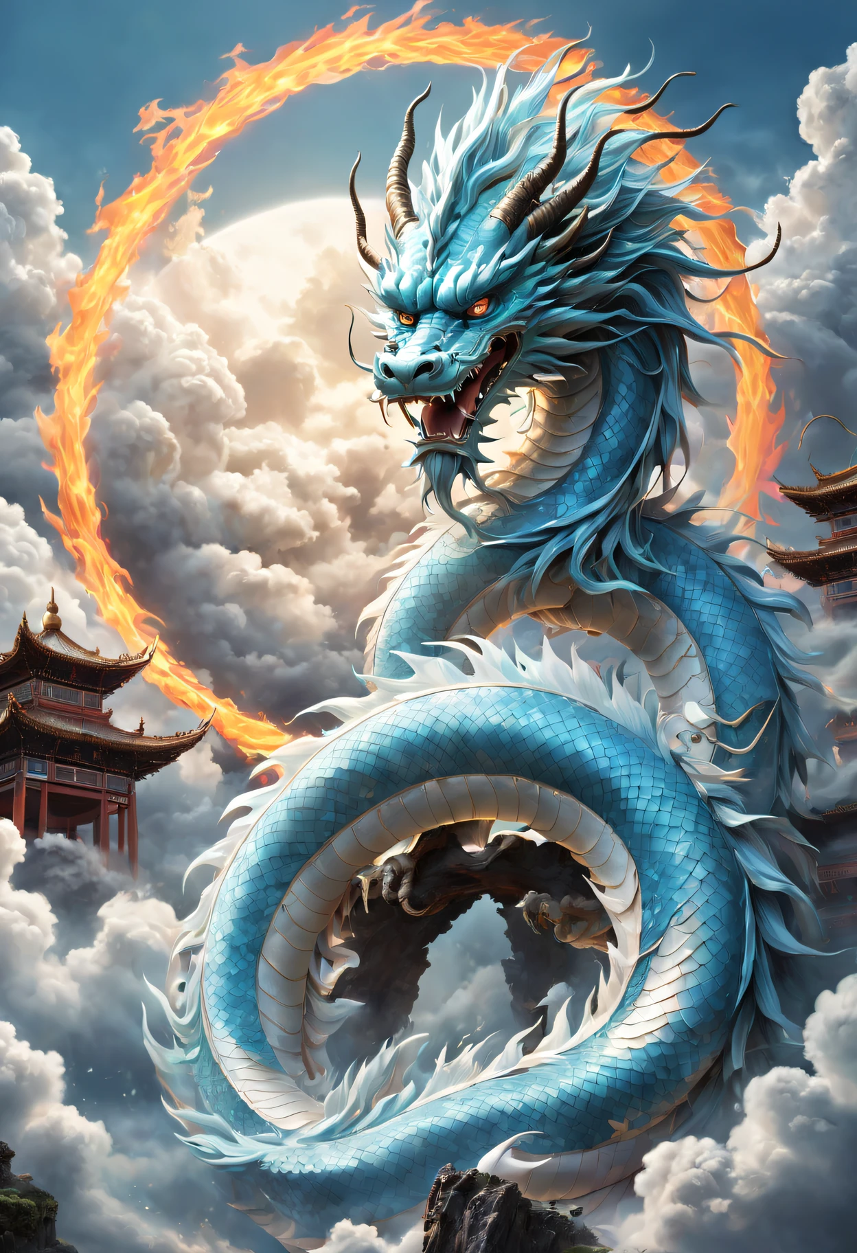 (The main subject: wide wide shot), The flame  light blue,[Multicolored,(Chinese dragon anthropomorphism)], safe,dramatic clouds,(Go deep into the fields), Rich details​, (Wide sky), (sense of vastness),Energy and vitality, Complicated details.(Best quality, A high resolution, tmasterpiece:1.2), (actual:1.37), HighDynamicRange。