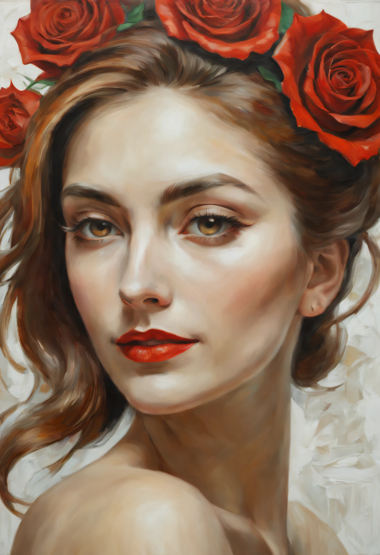 Woman with impasto oil painting, contours , View side by side, Wear a red rose in your hair near your ears, white backgrounid, deactivate, ultrarealistic oil painting. a masterpiece of art.