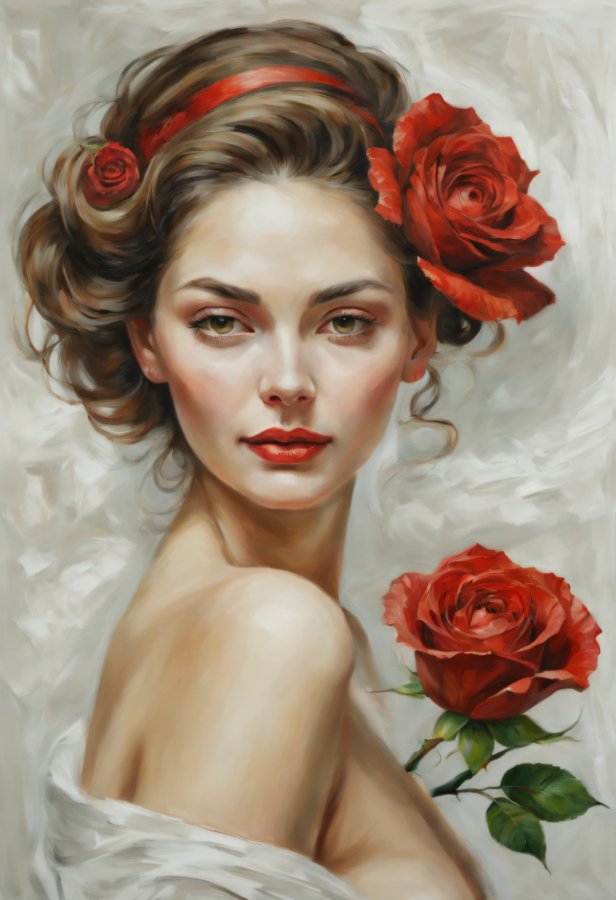 Woman with impasto oil painting, contours , View side by side, Wear a red rose in your hair near your ears, white backgrounid, deactivate, ultrarealistic oil painting. a masterpiece of art.