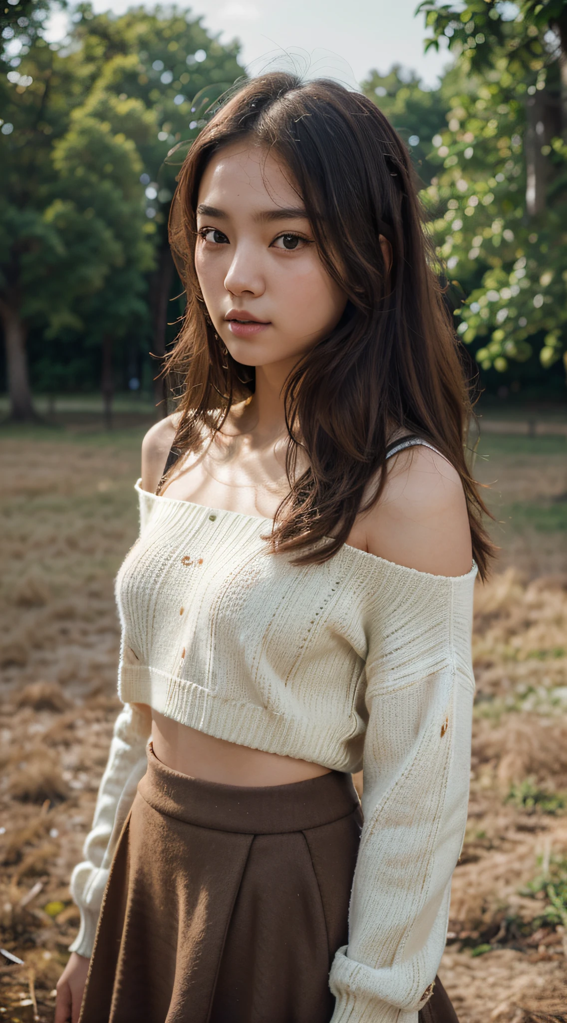 a captivating 8k depiction of a 20-year-old girl with a cute, young Korean face. The focus is intricately detailed on her brown eyes and shoulder-wavy brown hair, creating a photorealistic portrayal. Dressed in an oversized sweater and midi skirt, the scene is artistically composed to highlight her charm. employing an ultra-wide angle and depth of field. The 16:9 aspect ratio ensures optimal visual appeal, while advanced techniques like ray tracing reflections and ambient occlusion enhance the hyper-realistic aesthetics. the details of her attire with beautifully color-graded visual