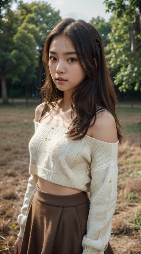 a captivating 8k depiction of a 20-year-old girl with a cute, young Korean face. The focus is intricately detailed on her brown eyes and shoulder-wavy brown hair, creating a photorealistic portrayal. Dressed in an oversized sweater and midi skirt, the scen...