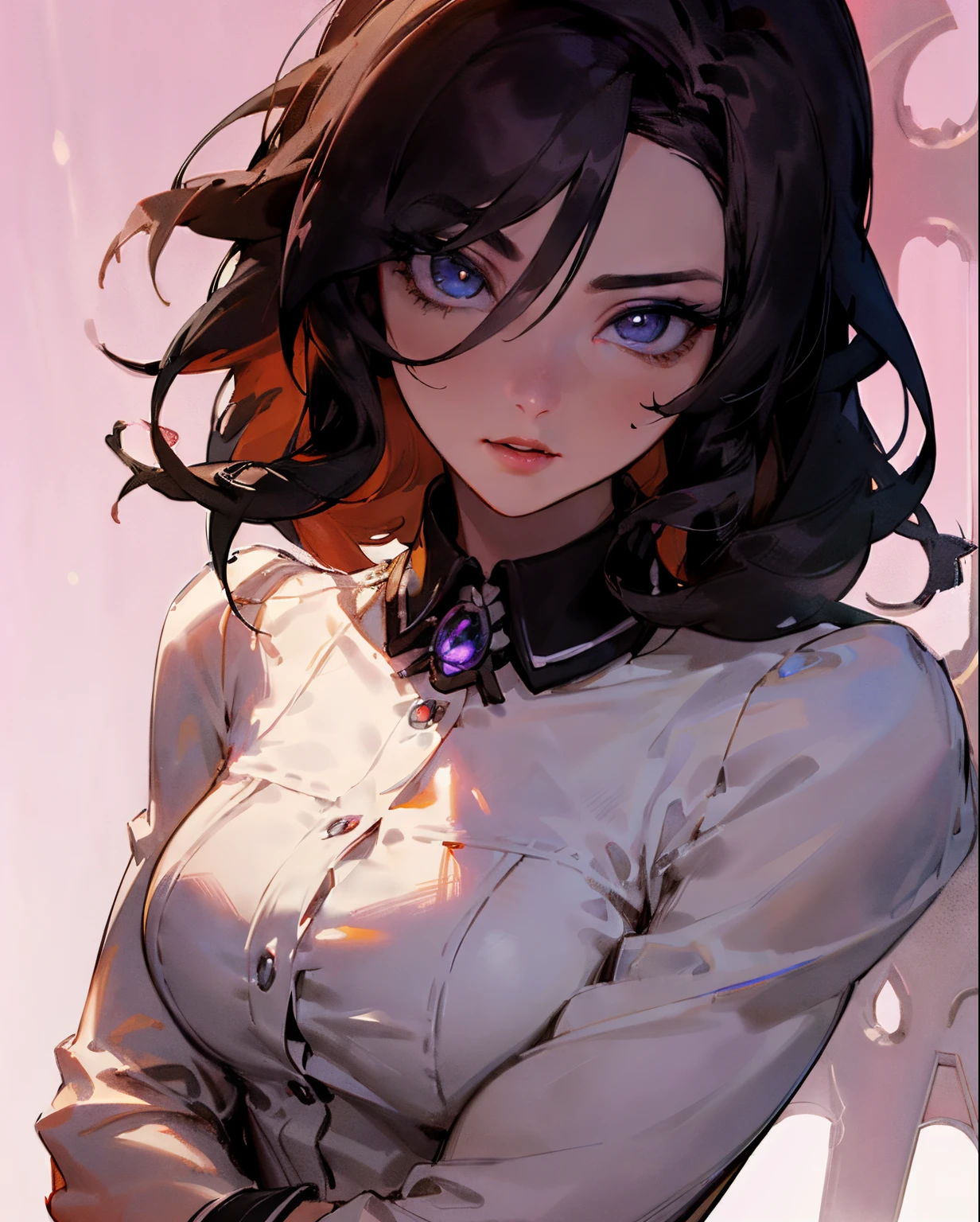 Full body view, (Detailed Lights, Detailed Shadows), 1Woman, black Hair, wlizaneth Taylor, White Coat, ((Detailed Eyes)), Close-up, Portrait, (Black Eyetremely Detailed Clotheodern Clotheeautiful Hair, Muscular, Hair Down, Extremely Detailed Background, Beautiful Background