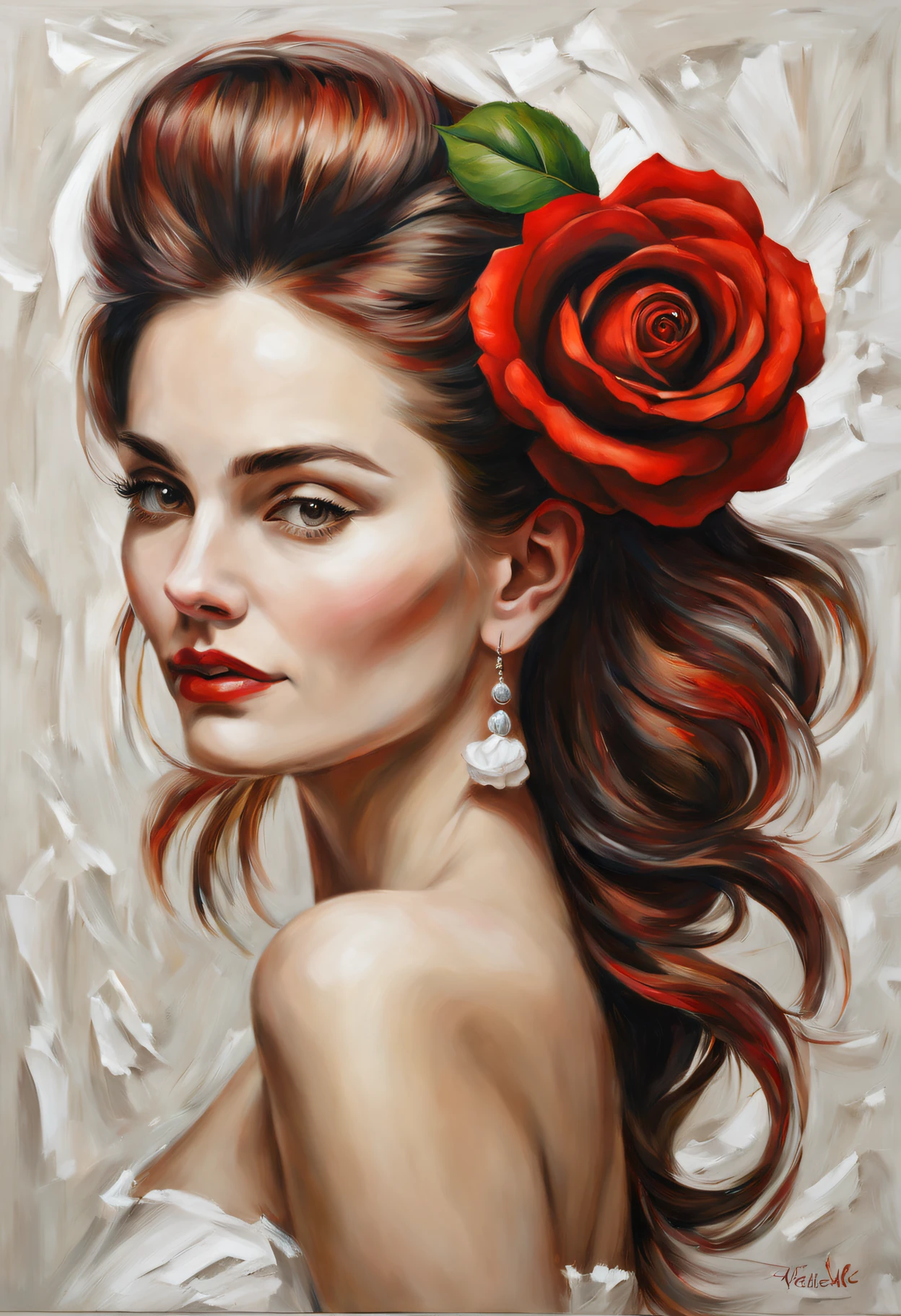 Woman with impasto oil painting,  Wear a red rose in your hair near your ears, white backgrounid, ultrarealistic oil painting. a masterpiece of art.