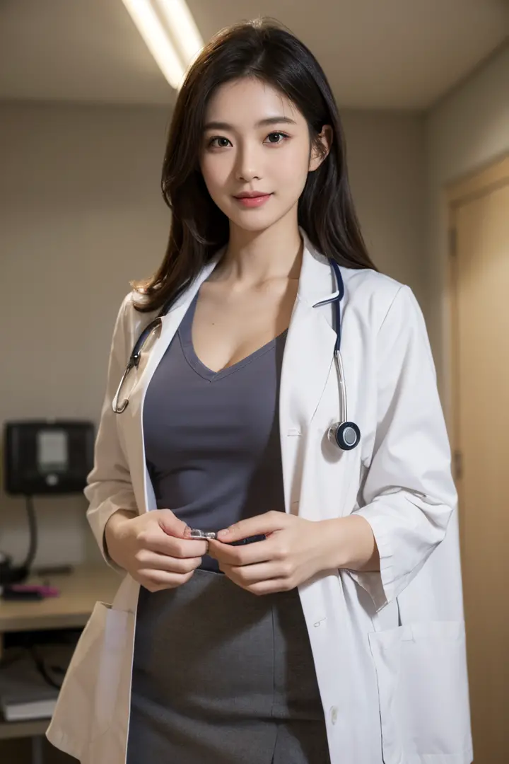 Solo,Sexy exciting smile, (Shiny skin:1.05),(blush:0.9),(Skindentation:1.15),Realistic, masutepiece, Highest Quality, hight resolution,absurderes, (Perfect face:1.1), Beautiful doctors,doctors white coat, Doctor Fashion,(top-quality,8K,32K,​masterpiece,nff...