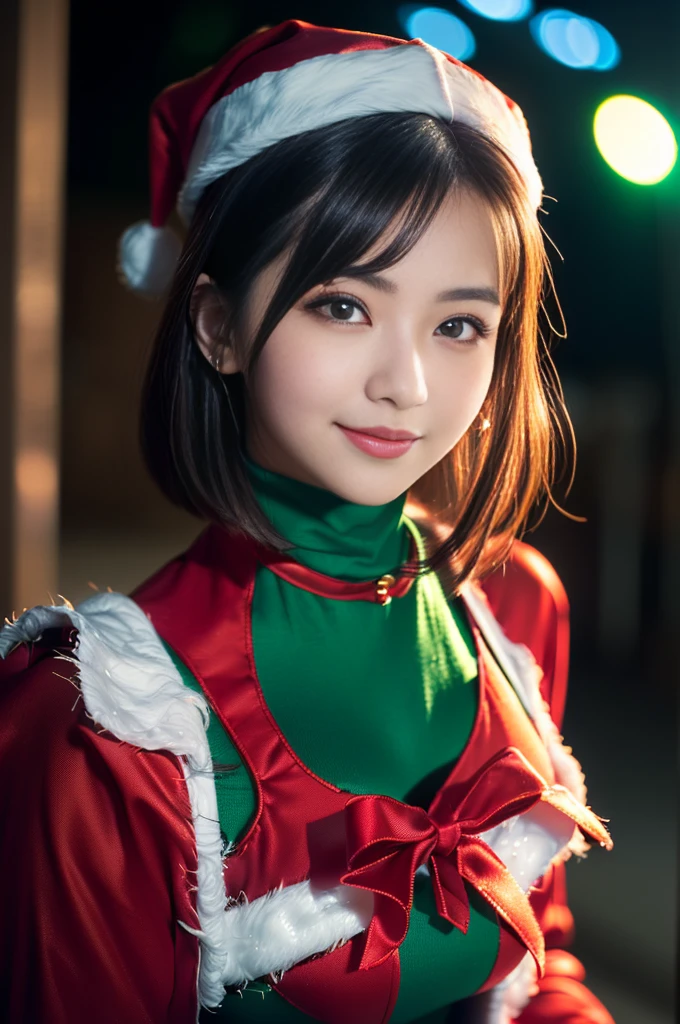 Heart shaped pupils, Cute eyes,(Dark light),(Night),((blue lights)),26 years old, japanaese girl, (Black hair), Wavy Hair, Short hair, ((eyes visible through hair)), (Small breasts), ((Plump full lip)), Cute Girl, Smile, ((Mature girl in Santa Claus costume:1.3, Green and red dress, Hold the present box in both hands and hand it to the viewer..:1.2, close to viewer:1.2, sexual harassment:1.25)),(thin and bright pupils:1.2, Delicate and beautiful eyes with highlights:1.3, ultradetailed eyes, high detailed face), ((Red coat)), (Ultra High Resolution, 8k RAW photo, photographrealistic, thin outline:1.3, sharp focus quality, Cinematic lighting, textile shading, blurry backround, field of depth, Bokeh, (thin and bright pupils:1.2, Delicate and beautiful eyes with highlights:1.3, ultradetailed eyes, high detailed face),