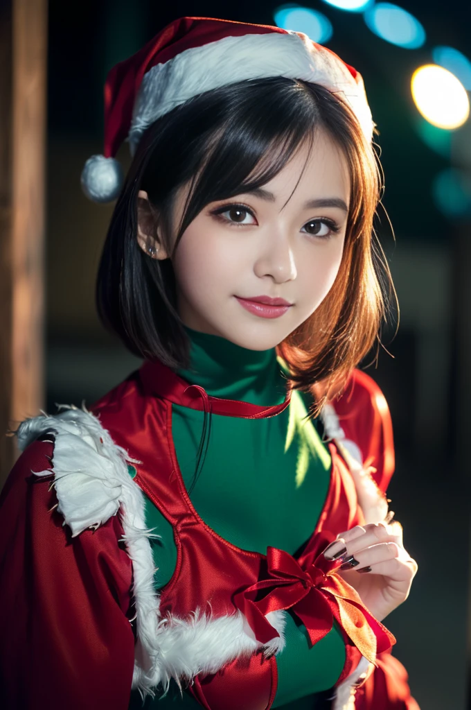 Heart shaped pupils, Cute eyes,(Dark light),(Night),((blue lights)),26 years old, japanaese girl, (Black hair), Wavy Hair, Short hair, ((eyes visible through hair)), (Small breasts), ((Plump full lip)), Cute Girl, Smile, ((Mature girl in Santa Claus costume:1.3, Green and red dress, Hold the present box in both hands and hand it to the viewer..:1.2, close to viewer:1.2, sexual harassment:1.25)),(thin and bright pupils:1.2, Delicate and beautiful eyes with highlights:1.3, ultradetailed eyes, high detailed face), ((Red coat)), (Ultra High Resolution, 8k RAW photo, photographrealistic, thin outline:1.3, sharp focus quality, Cinematic lighting, textile shading, blurry backround, field of depth, Bokeh, (thin and bright pupils:1.2, Delicate and beautiful eyes with highlights:1.3, ultradetailed eyes, high detailed face),