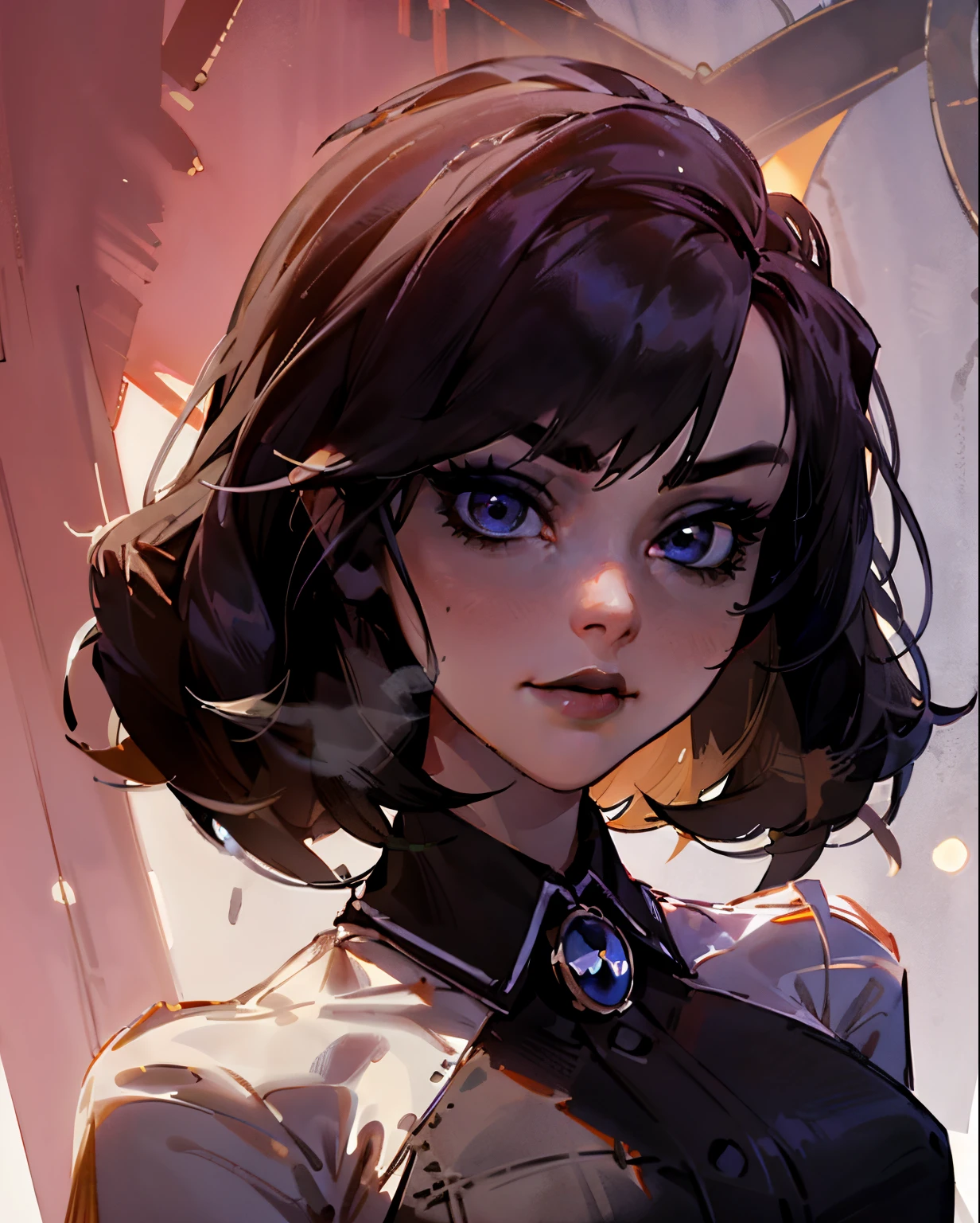 (Detailed Lights, Detailed Shadows), 1Woman, black Hair, (Elizabeth), Bioshock infinite, , White blouse, ((Detailed Eyes)), Portrait, (Black Eyetremely Detailed Clotheodern Clotheeautiful Hair, Muscular, Hair Down, Extremely Detailed Background, Beautiful Background