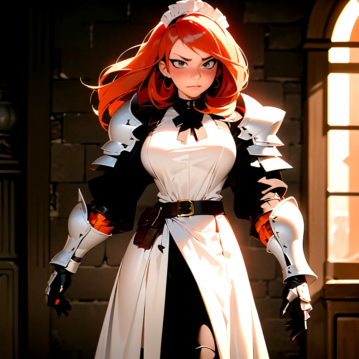 (best quality,4k,8k,highres,masterpiece:1.2), Kim possible  embarrassed and flustered by the viewer seeing her encased in heavy plate armor, which tightly locked to her body in the style of a maid outfit. Her Orange hair and flustered face contrast against her black and white armor, which encased her body from the neck down. The armor has many traits similar to a maid outfit, such as armored gloves that look like a m gloves, white frills, a dress made of black heavy plate armor hangs around her, held on tightly by a black and white belt, and her chest covered from the neck to the waist by heavily-armored black breast plate that encases her entire torso. The armor (encasing her body) looks brand new, as the black heavy plate armor glistens in the light. The background (a Lavish Mansion), has suits of knight armor lining the walls,  kim possible stand out.