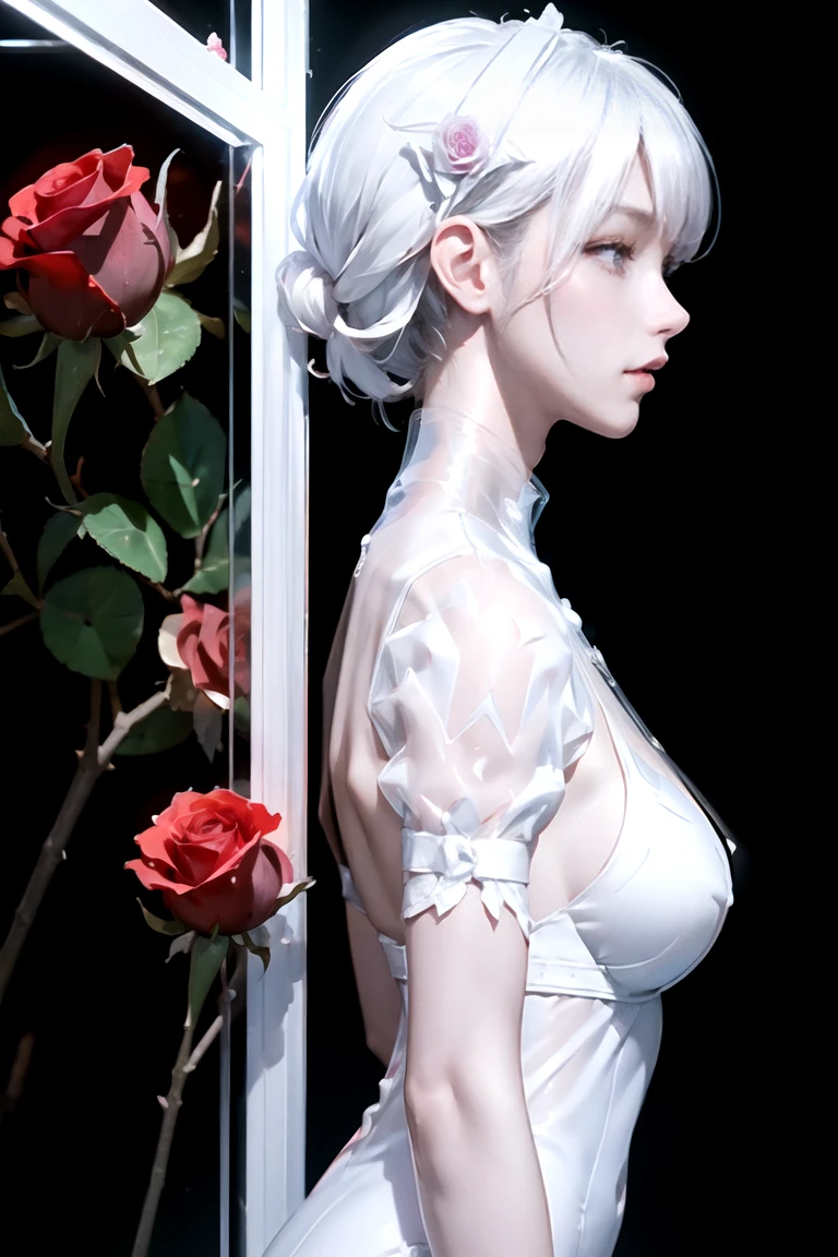 (PerfectNwsjMajic,Official art, Beautiful and aesthetic:1.2), Highest Quality,perfect masterpiece,Perfect Artwork,Formula works,8K,, (Upper body portrait:1.3),((Seen from the side:1.5)),close-up lenses,Delicate face,, 17 years old,white-haired girl,(hakuhatsu:1.5),Short and medium hair,((White transparent eyes:1.5)),(White Dress:1.2),(Transparent clothing:1.2),(Black background:1.3),, Pearl Illusion,Cyberpunk,fashion trend,3S Material,hight resolution,Detailed expression,C4D,。((A red rose)), .3D,Octane Rendering,Ray tracing,intricate-detail,Animated Lighting,Okrenderer,