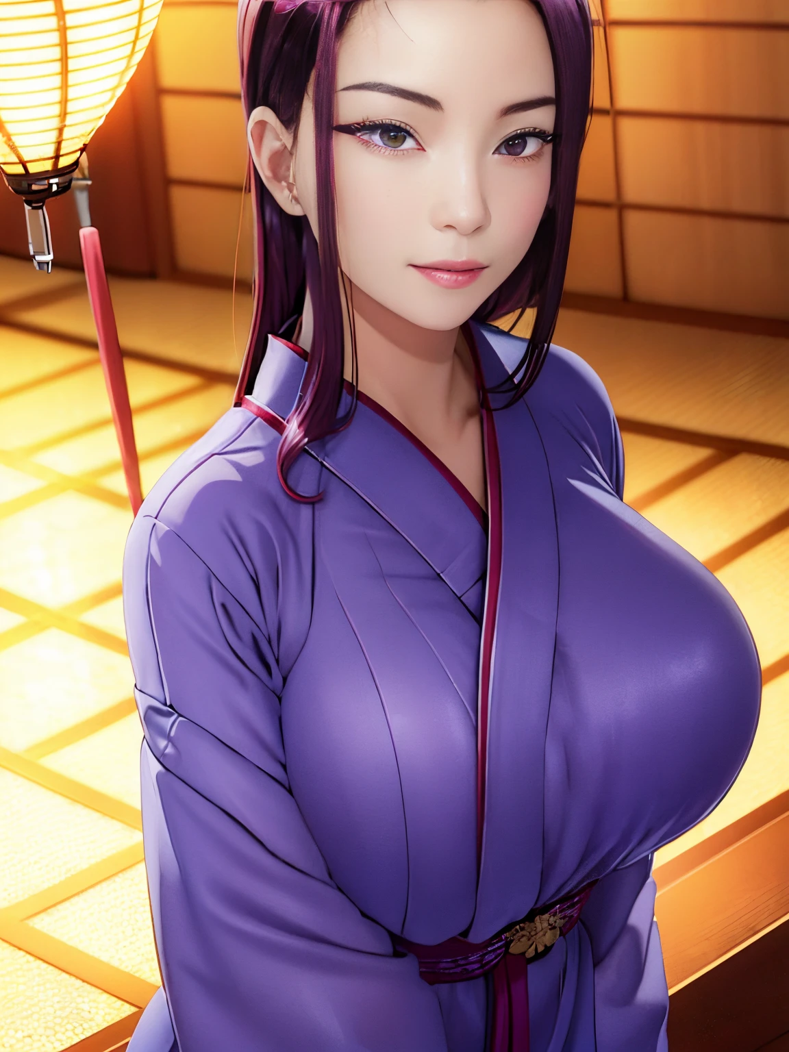 High resolution, Highest Quality, Illustration, super detailed, (Detailed face), (Detailed eyes), Cinematic lighting, Best Quality, super detailed, masutepiece, fine lines, 1girl in, Solo, Red hair, Purple eyes,, Bright eyes, Large breasts, Clear, (Colorful), Upper body, scissors in hand, Indoor, Well-behaved girl, Imperial Japanese uniform