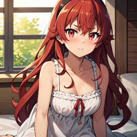 1girl, , , , (steam:1.3),10 years old, ,, ,, ,,,, eris boreas greyrat, closed mouth, nose blush, long hair, red hair, ahoge, red eyes, black hairband, nightgown, frills, bare shoulders, collarbone, sleeveless, sitting, on bed, looking at the viewer, indoor...