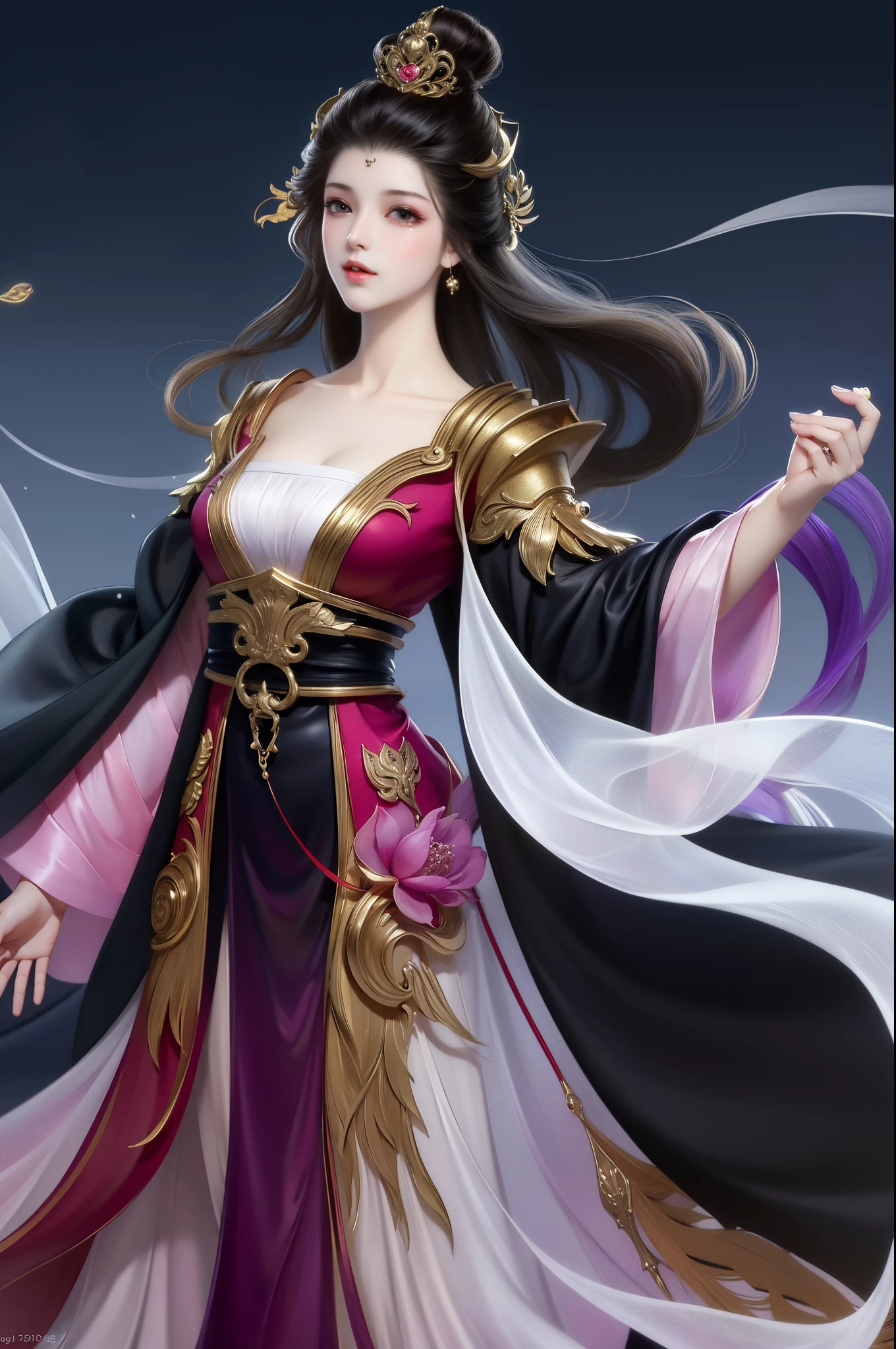 Best quality at best, 超高分辨率, (((1 girl))),(Long black hair), game fairy, Old palace, Hanfu, Yarn, light yarn, jewelry, (focal), (((Colorful))),(sketching:0.8) , tmasterpiece, Best quality at best, beautiful painted, meticuloso,(Denoising:0.6), highly  detailed, (tmasterpiece, Best quality at best） CG unified 8K wallpaper，tmasterpiece，Best quality，ultra - detailed）