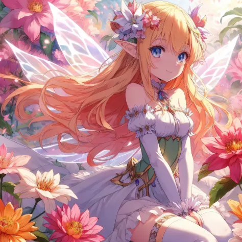 Anime girl with long blond hair sitting in a flower field, smiling as a queen of fairies, beautiful fantasy anime, elf girl wear...