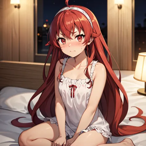 1girl in, , , , (steam:1.3),10 years old, ,, ,, ,,,, Ellis Boreas Greyrat, Closed mouth, nose blush, Long hair, Red hair, Ahoge, Red Eyes, black hairband, nightgown, frilld , Bare shoulders, 鎖骨, Sleeveless, Sitting, on the beds, Looking at the viewer, Indo...