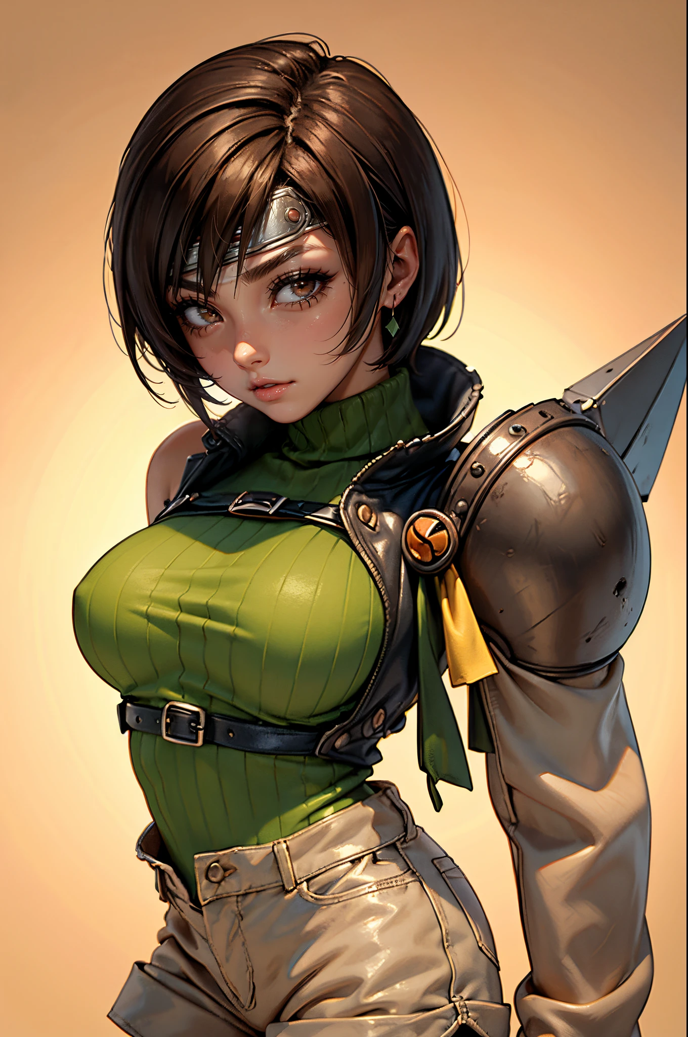Yuffie Kisaragi, Yuffie_Kisaragi,  ff7, sultry face, (Beige shorts),Green sleeveless Short turtleneck),  (brown eyes:1.3) long eyelashes, beautiful dark brown eyes with brightness, surrealism, shadow, atmospheric perspective, cinematic lighting, ray tracing, 8k, super detail, best quality, masterpiece, well detailed, Bigger breasts, slim,anime style, Perfect Eyes,Pauldron,headband, Japanese Backdrop, Cast