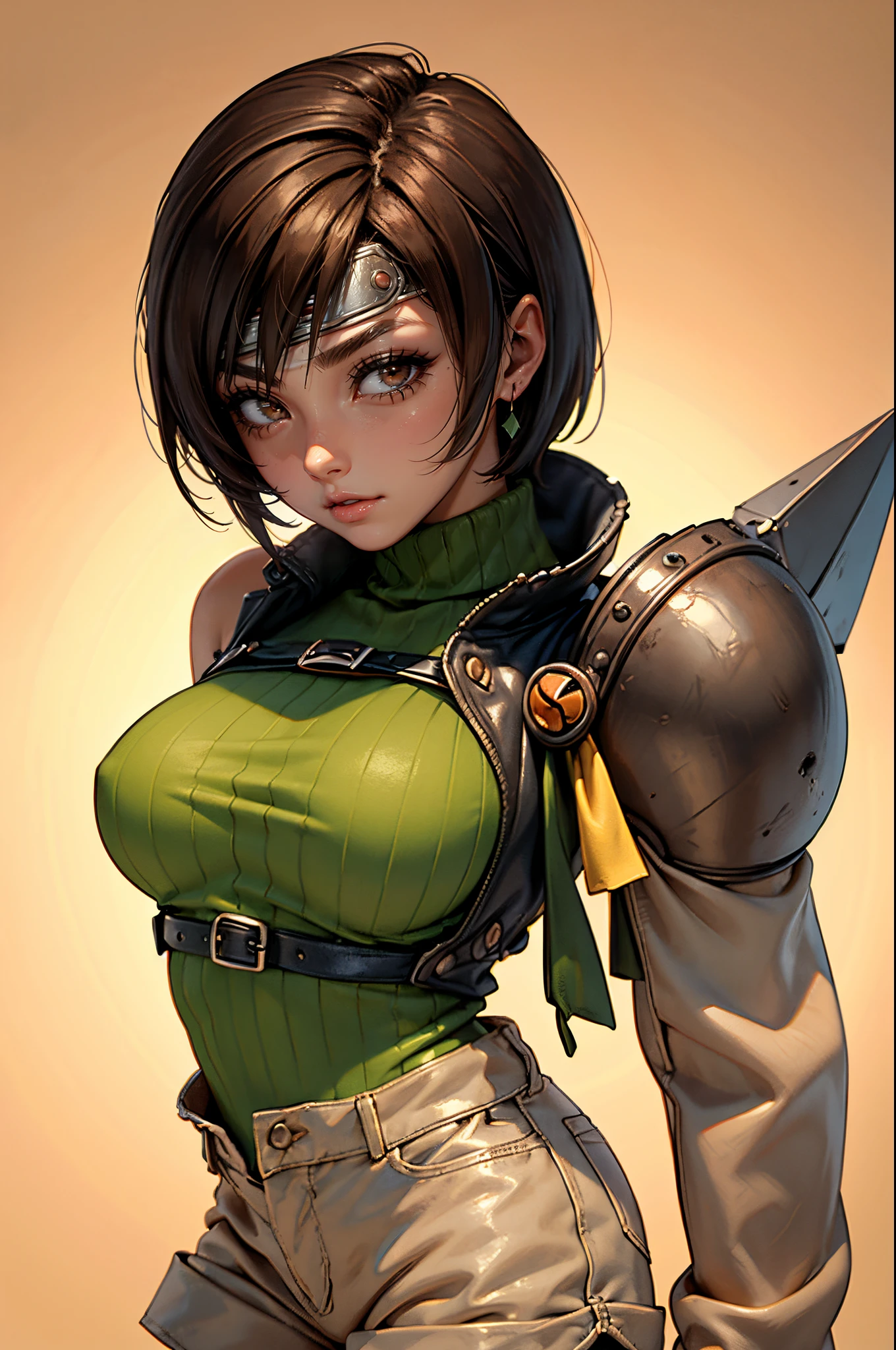 Yuffie Kisaragi, Yuffie_Kisaragi,  FF7, schwüles Gesicht, (Beige shorts),Grünes ärmelloses kurzes Rollkragen-Shirt),  (braune Augen:1.3) lange Wimpern, beautiful dark braune Augen with brightness, Surrealismus, Schatten, atmosphärische Perspektive, filmische Beleuchtung, Raytracing, 8k, Super Detail, beste Qualität, Meisterwerk, gut detailliert, Größere Brüste, schlank,Anime-Stil, perfekte Augen,Schulterstück,Stirnband, Japanischer Hintergrund, gießen