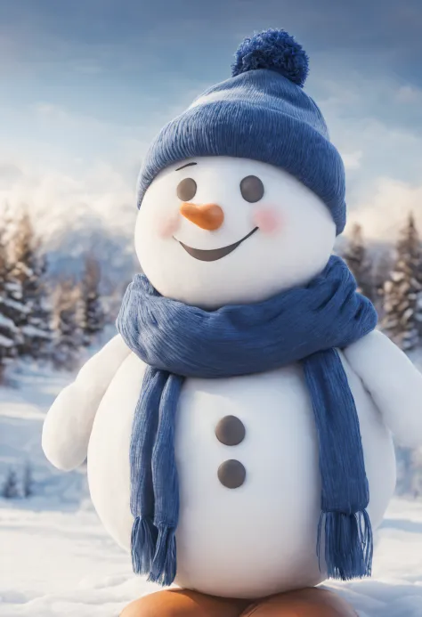 Snowman with blue hat，blue plush scarf，My belly  so big， Dita，she's smiling，The background  huge，Very white, Very white，It seems she  lonely，She looked at a deflated football，have some troubles